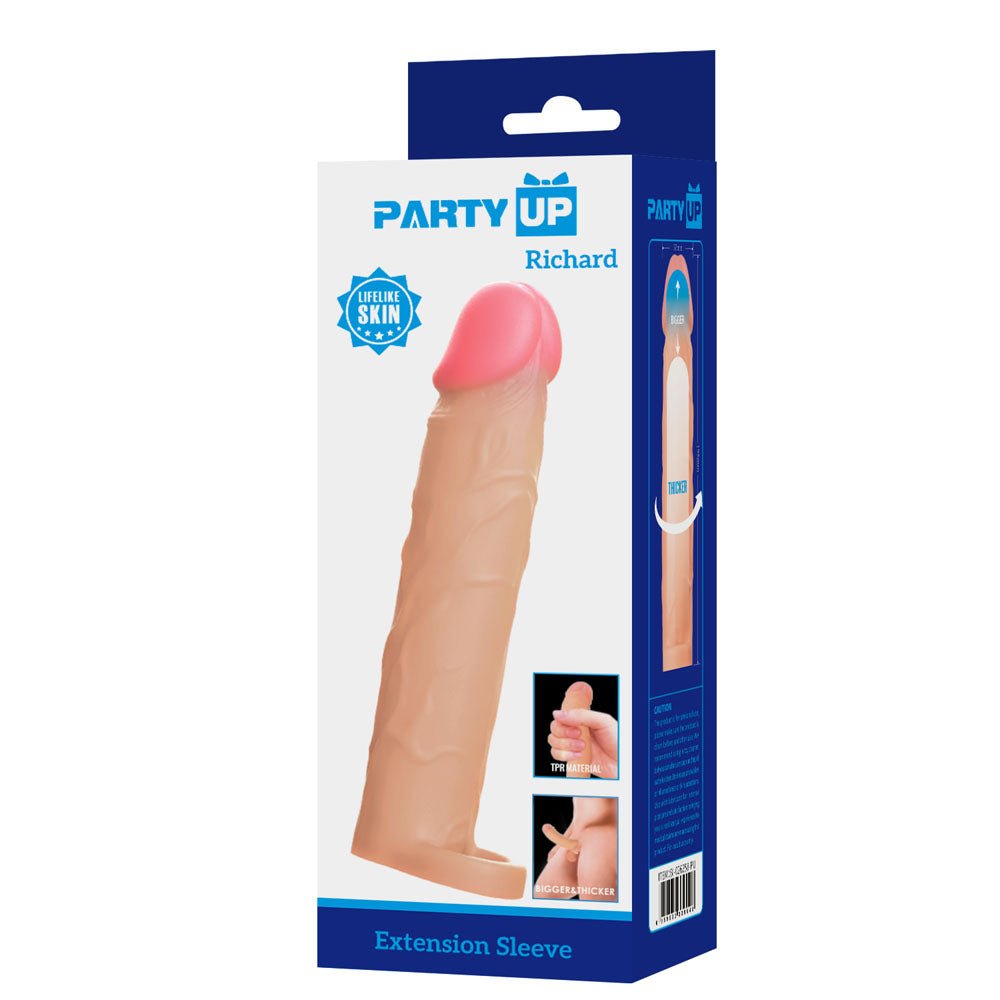 Party Up Richard 3 Inch Penis Extender Sleeve with Ball Strap - Flesh