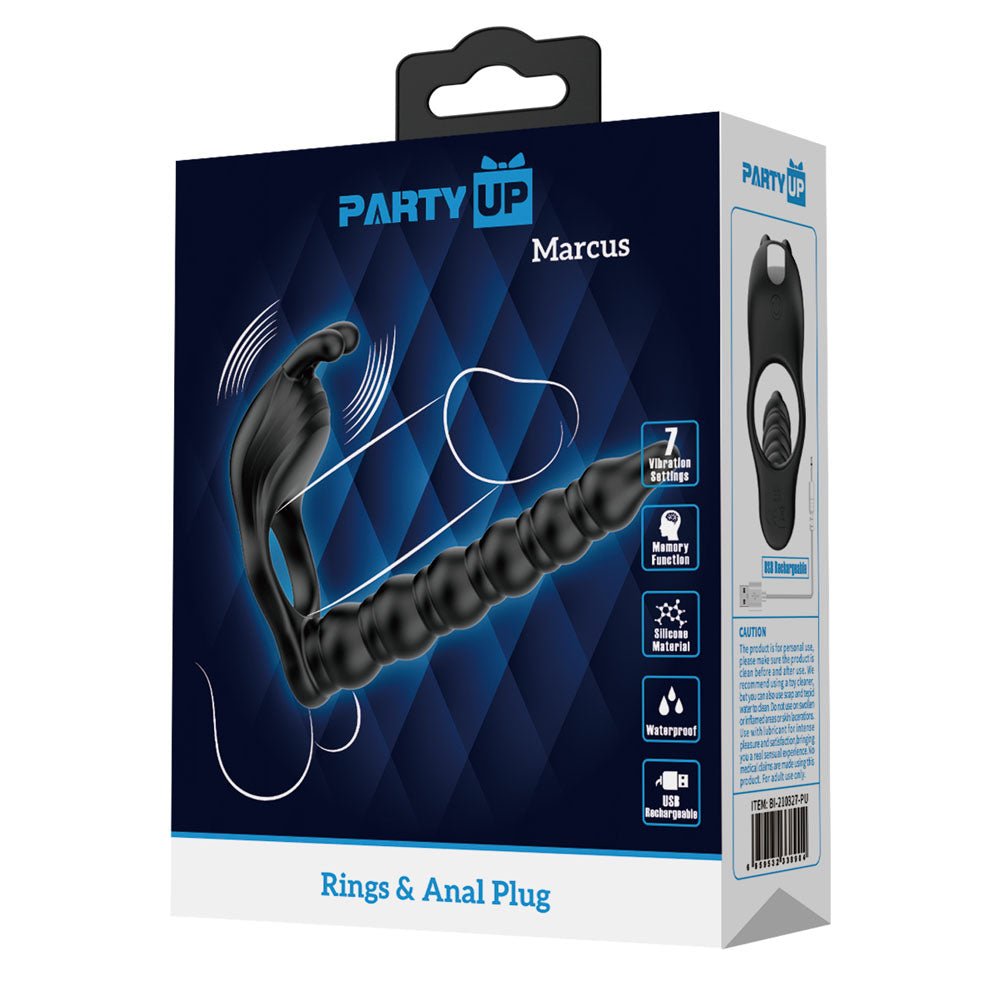 Party Up Marcus - Vibrating Cock Ring & Anal Plug with Double Penetrator - Black