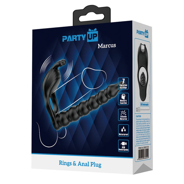 Party Up Marcus - Vibrating Cock Ring & Anal Plug with Double Penetrator - Black