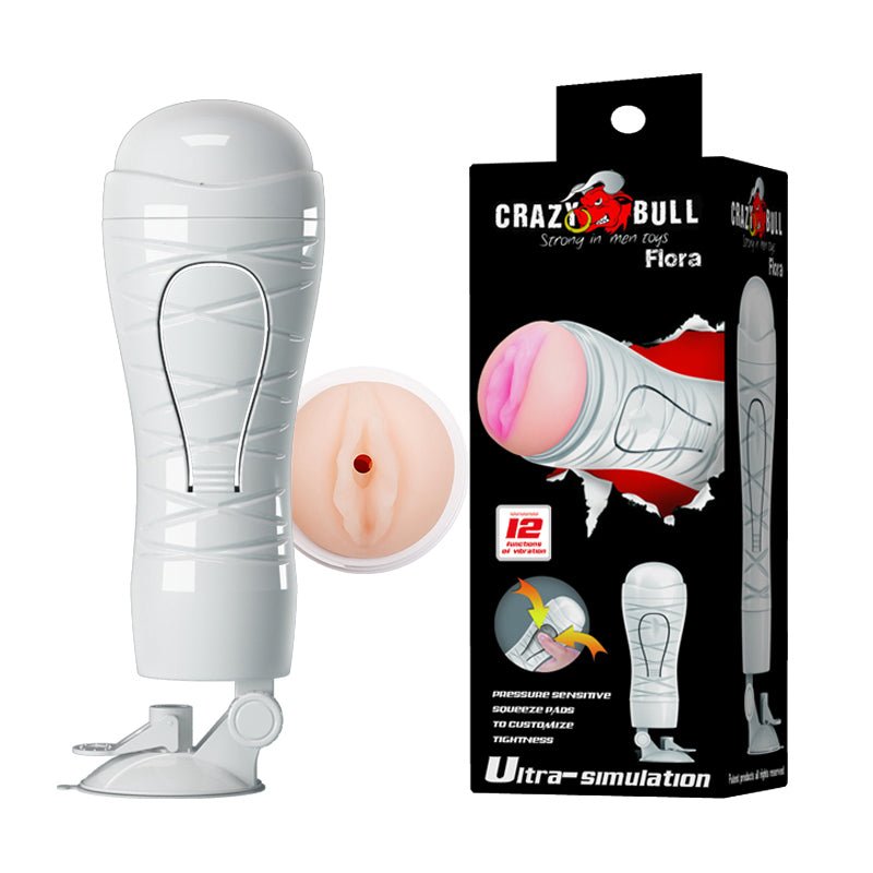 Crazy Bull Flora Vibrating Squeezable Stroker with Suction Base - Flesh