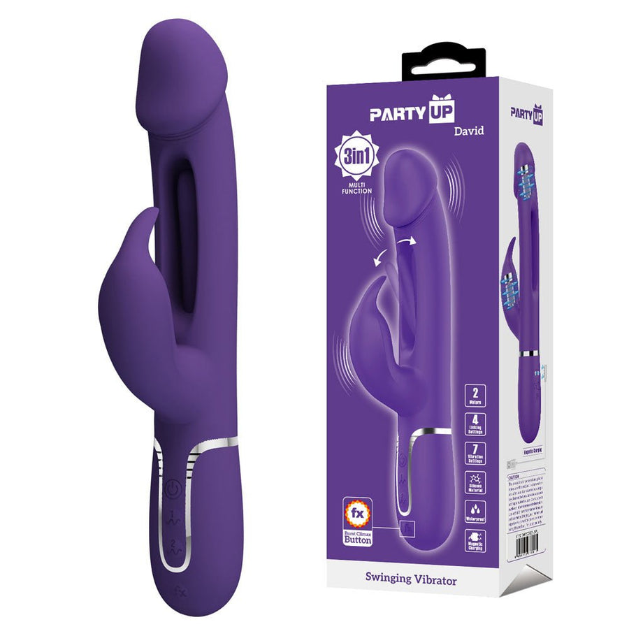 Party Up David Swinging Rabbit Vibrator with Flicking Arm - Purple