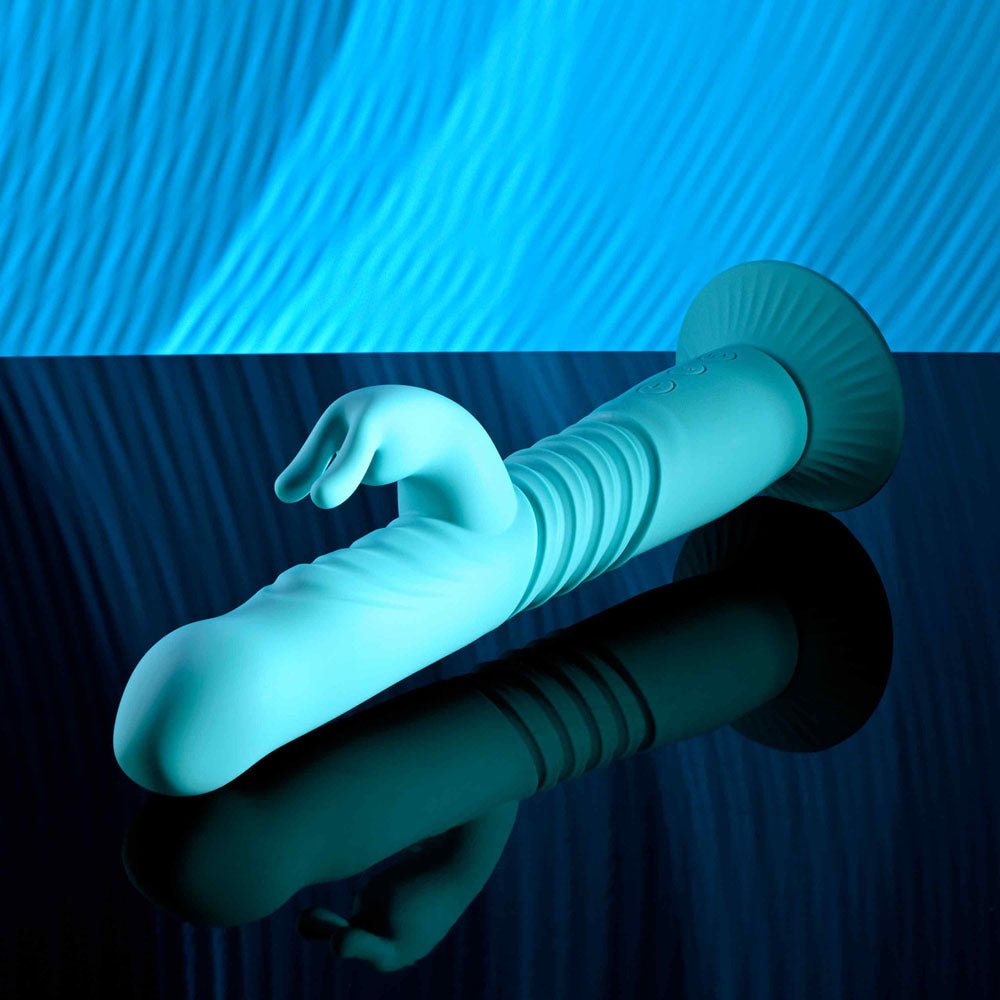 Evolved Bunny Hop - Thrusting Rabbit Vibrator with Suction Base - Teal