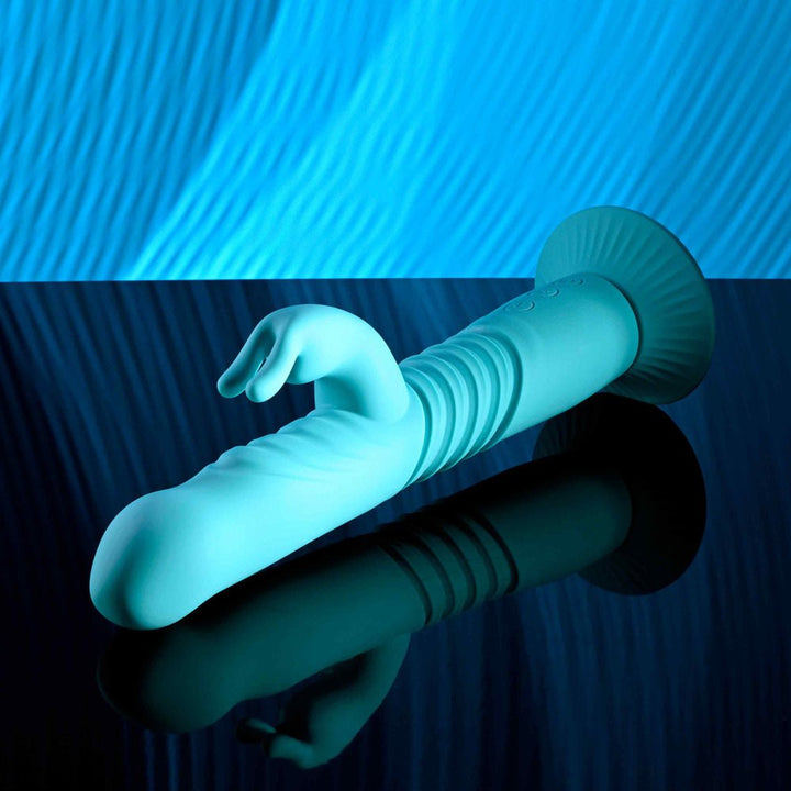 Evolved Bunny Hop - Thrusting Rabbit Vibrator with Suction Base - Teal