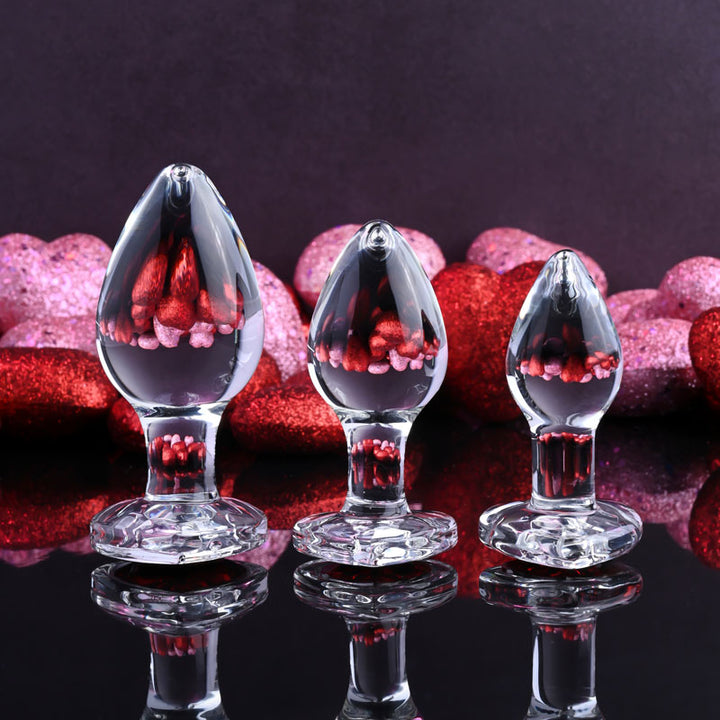 Adam & Eve Red Heart Gem Glass Plug Set - Set of 3 Sizes