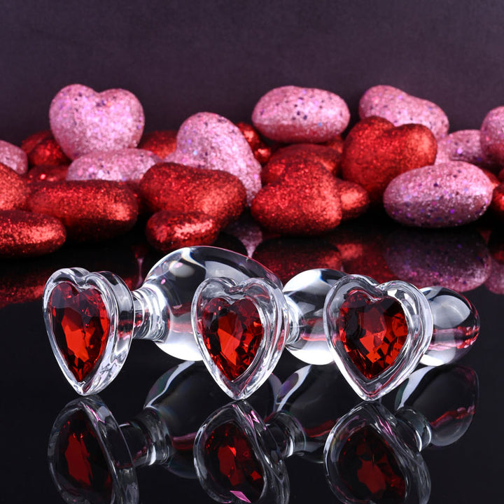 Adam & Eve Red Heart Gem Glass Plug Set - Set of 3 Sizes