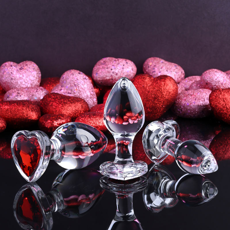 Adam & Eve Red Heart Gem Glass Plug Set - Set of 3 Sizes