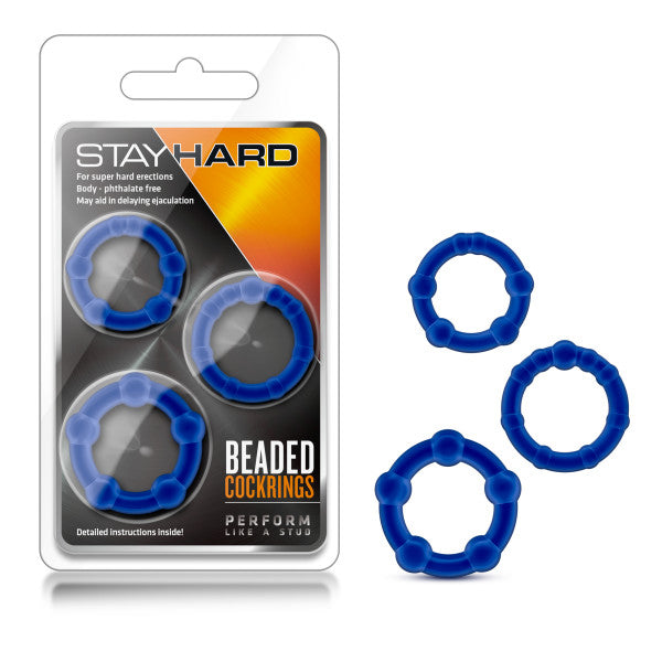 Stay Hard Beaded Cock Rings - Blue - Set of 3 Sizes