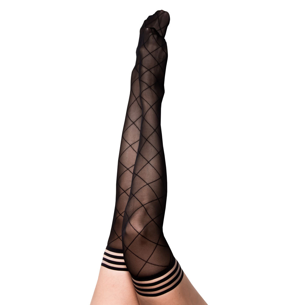 Kixies Anna Sheer Black Diamond Thigh Highs Stockings - B – Sex Toys Erotica