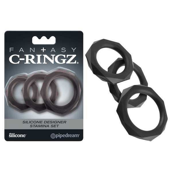 Fantasy C-Ringz Silicone Designer - Stamina Cock Ring Set - Black - 3 Sizes