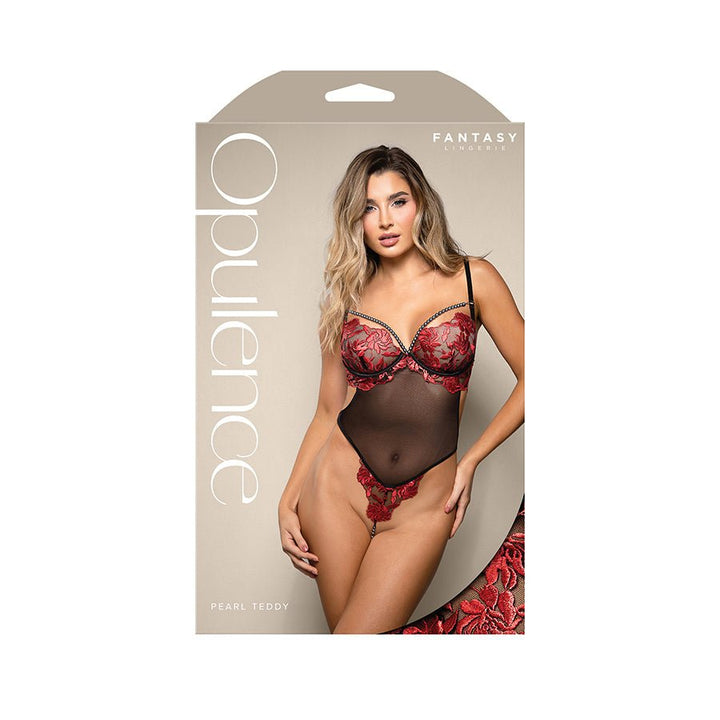 Opulence Floral Pearl Teddy - Red/Black - S/M