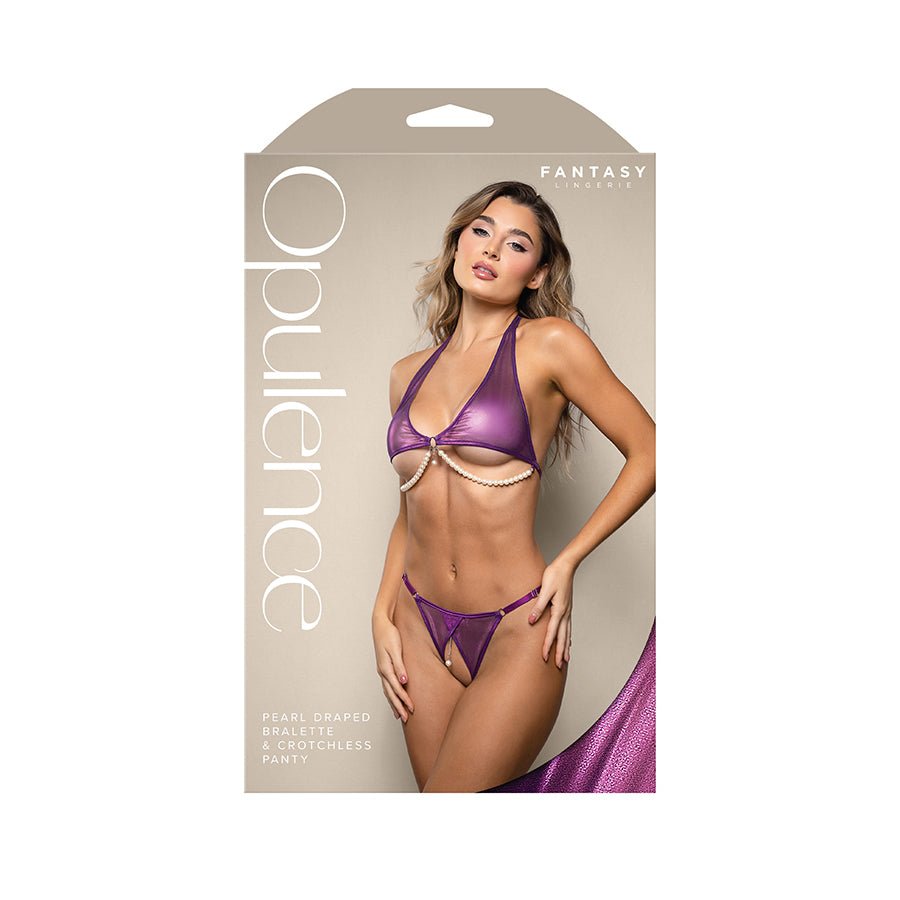 Opulence Pearl Draped Bralette & Crotchless Panty - Purple - S/M
