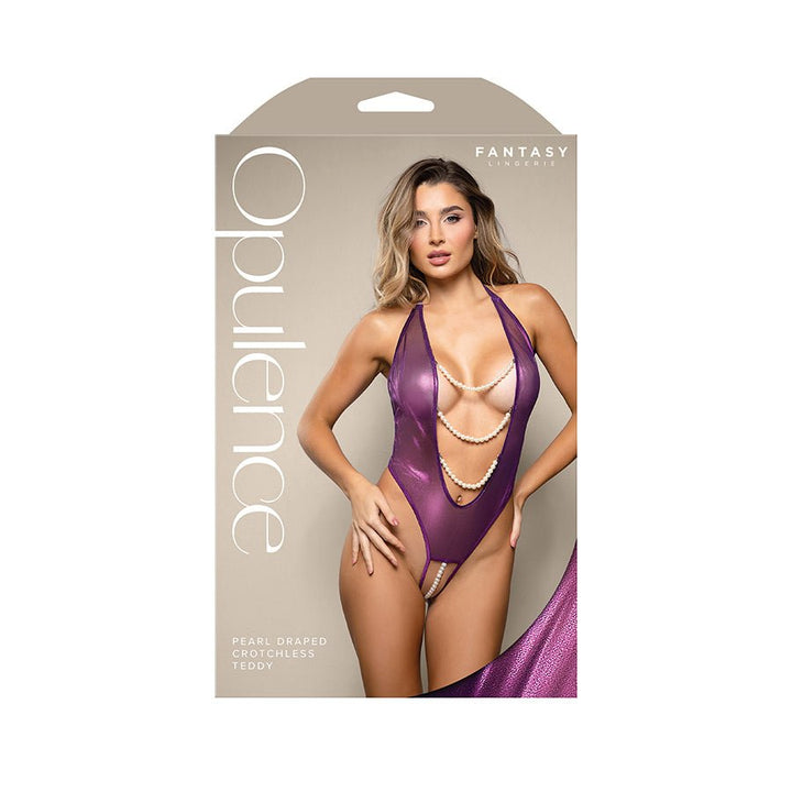 Opulence Pearl Draped Crotchless Teddy - Purple - S/M