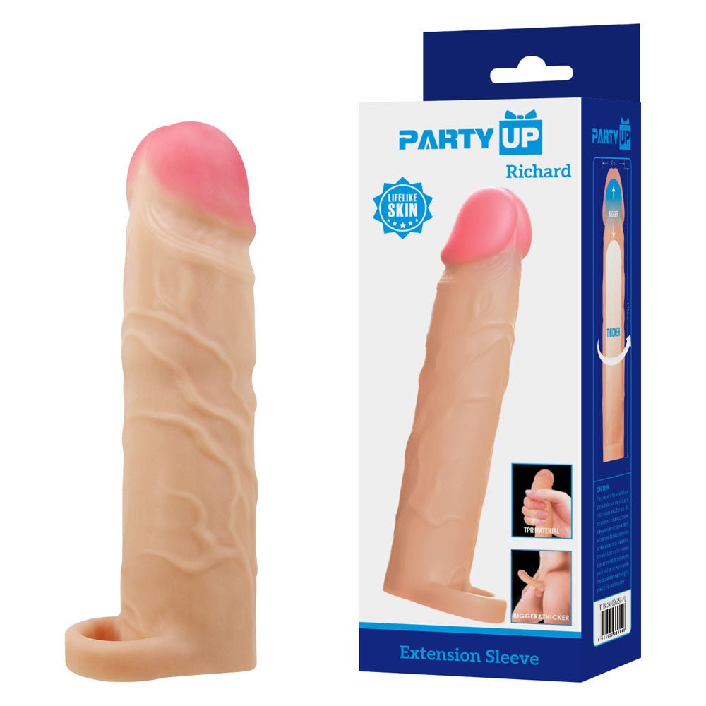 Party Up Richard 3 Inch Penis Extender Sleeve with Ball Strap - Flesh