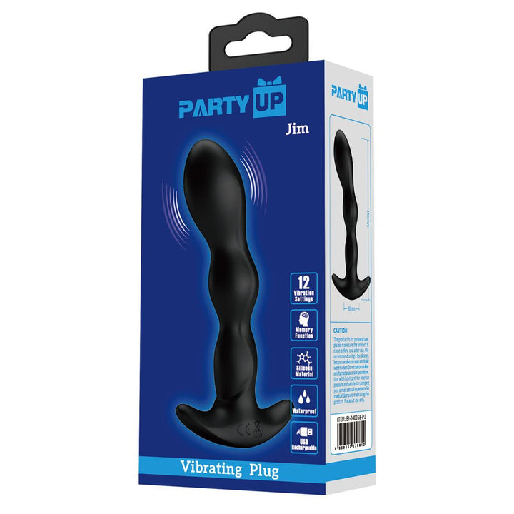 Party Up Jim Vibrating 14.5cm Butt Plug - Black