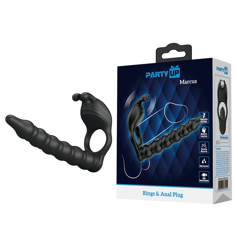 Party Up Marcus - Vibrating Cock Ring & Anal Plug with Double Penetrator - Black