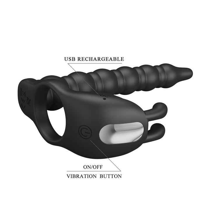 Party Up Marcus - Vibrating Cock Ring & Anal Plug with Double Penetrator - Black