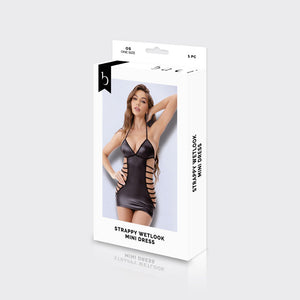Baci Wet Look Strappy Mini Dress - Black - OS