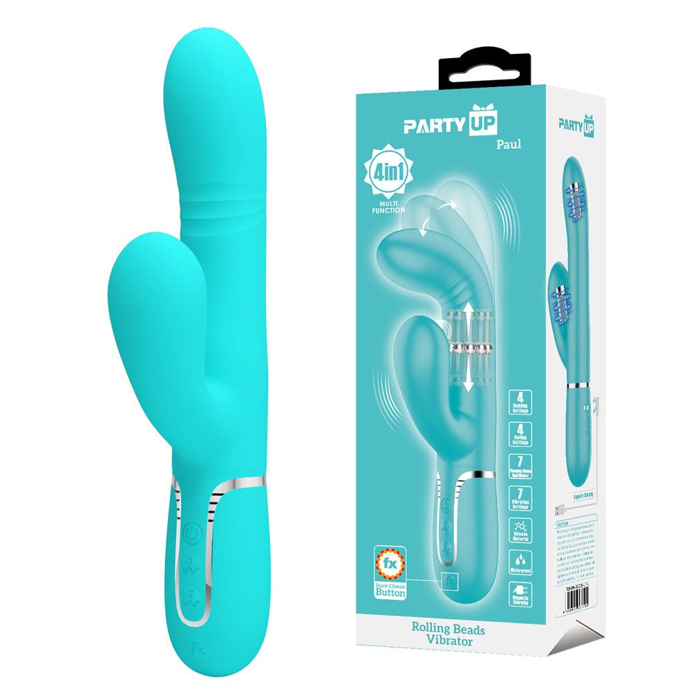 Party Up Paul Rolling Beads Thrusting Rabbit Vibrator - Teal