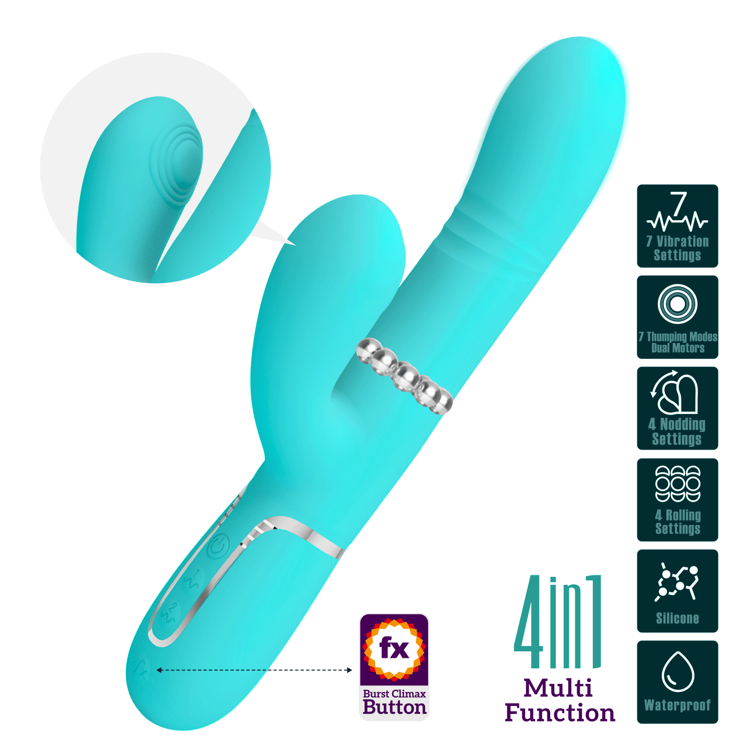 Party Up Paul Rolling Beads Thrusting Rabbit Vibrator - Teal