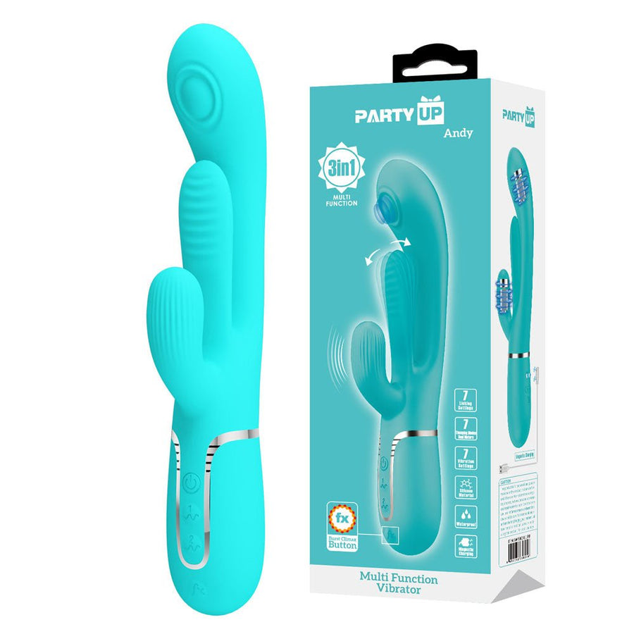Party Up Andy Multi Function - Flicking and Thumping Rabbit Vibrator - Teal