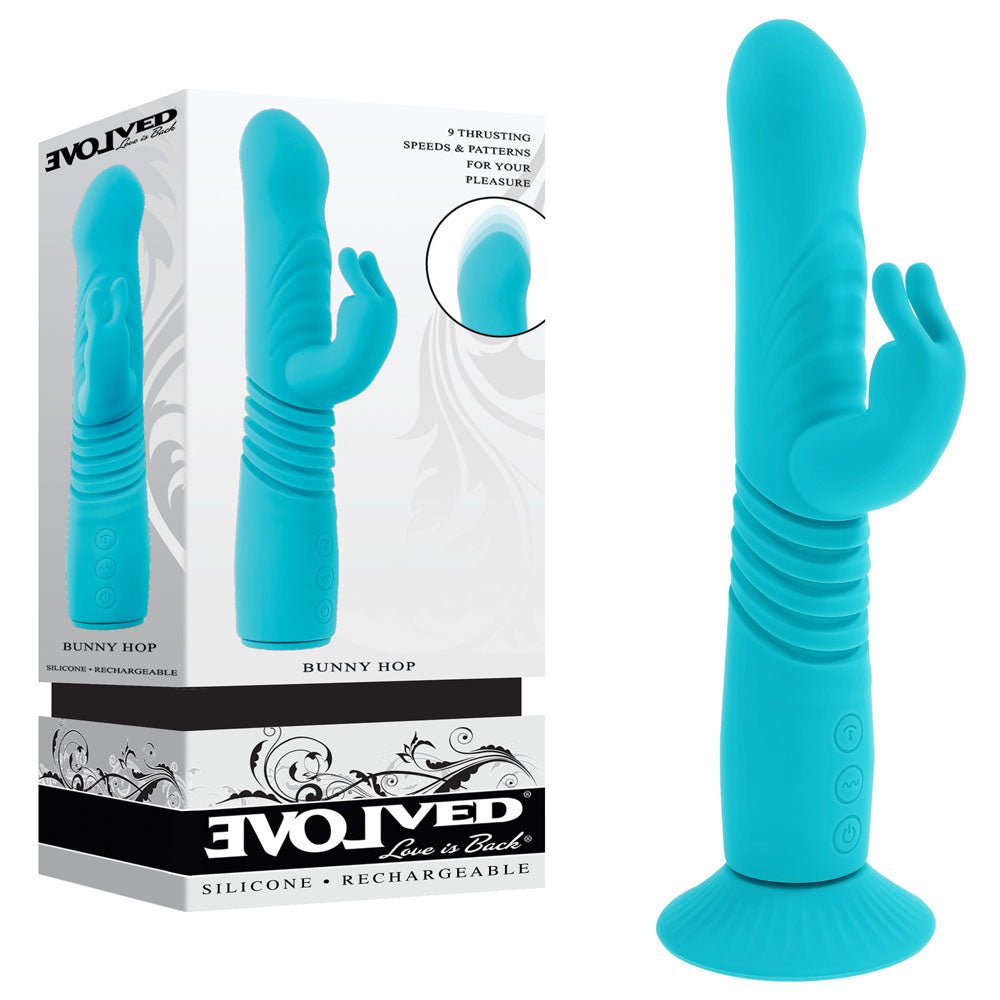 Evolved Bunny Hop - Thrusting Rabbit Vibrator with Suction Base - Teal