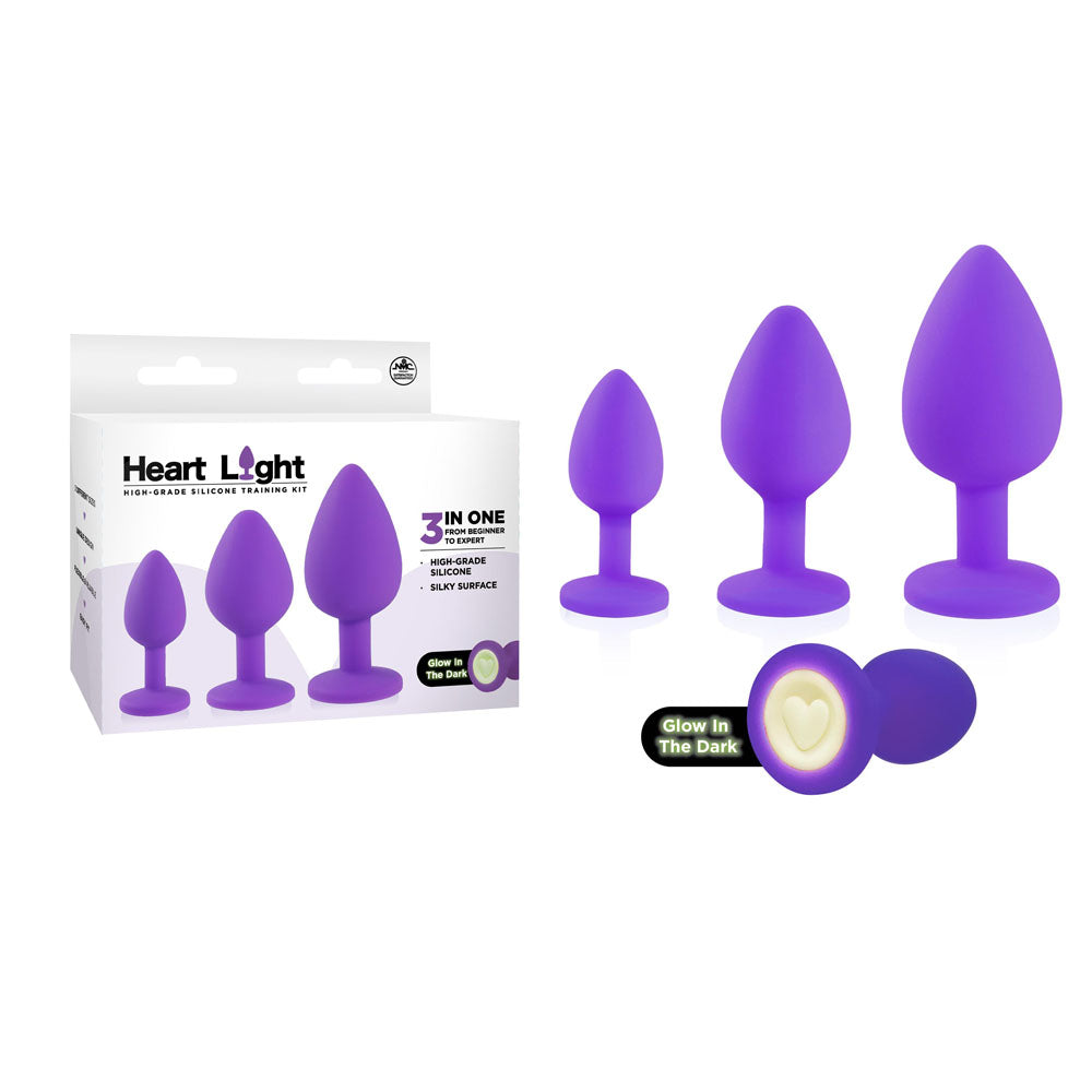 Heart Light - Purple Butt Plugs With Glow in Dark Bases - Set of 3 Sizes