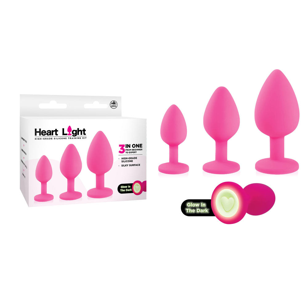 Heart Light - Pink Butt Plugs With Glow in Dark Bases - Set of 3 Sizes