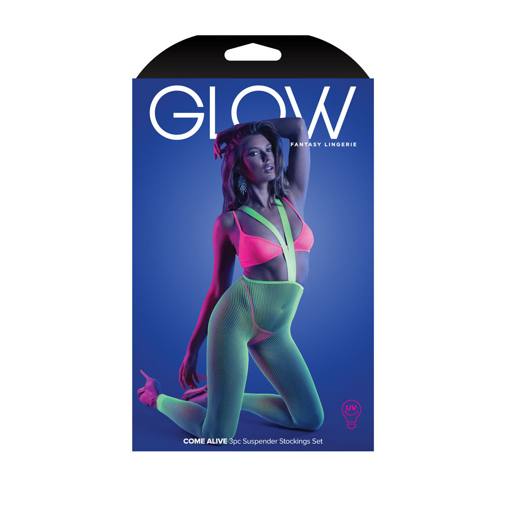 Glow Come Alive 3pc Suspender Stockings Set - Pink/Green - OS