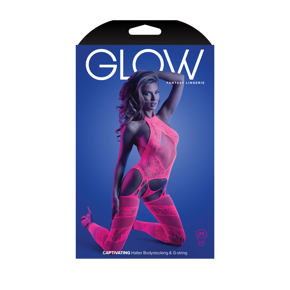 Glow Captivating Halter Bodystocking & G-String - Pink - OS