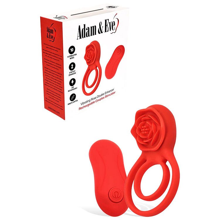 Adam & Eve Vibrating Rose Double Enhancer Cock & Balls Ring - Red