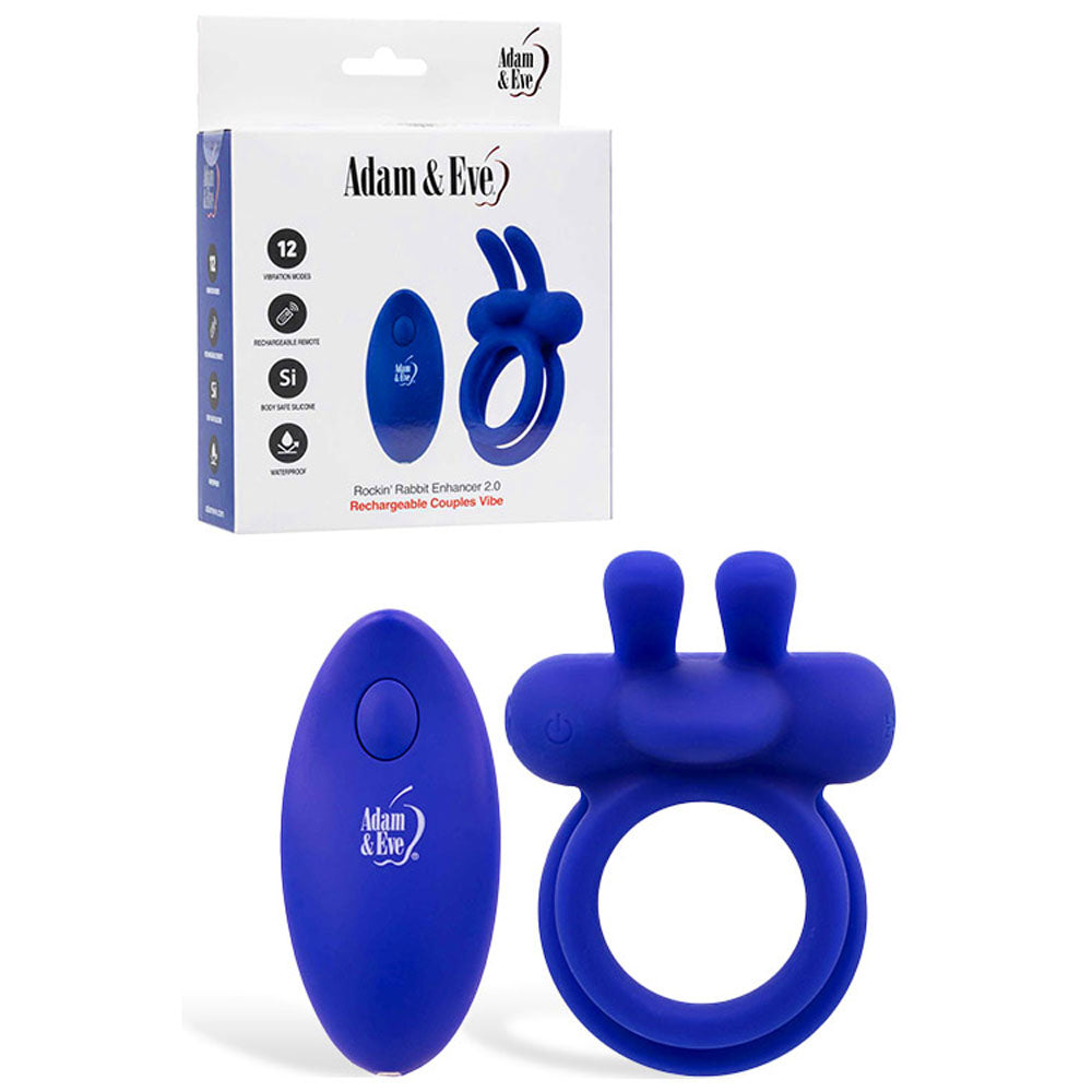 Adam & Eve Rockin Rabbit Vibrating Cock Ring With Remote Control - Blue