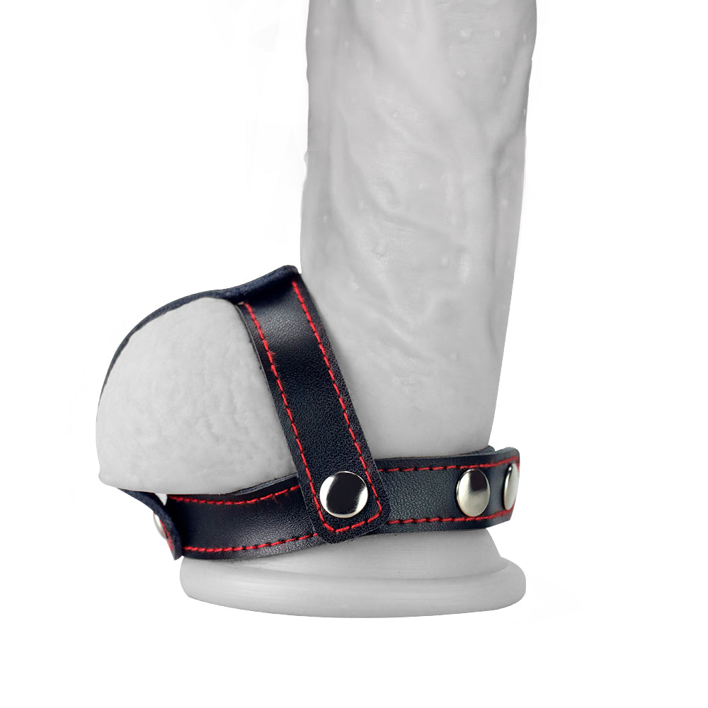 Bondage Fetish T-Style Leather Cock Ring with Ball Divider - Black