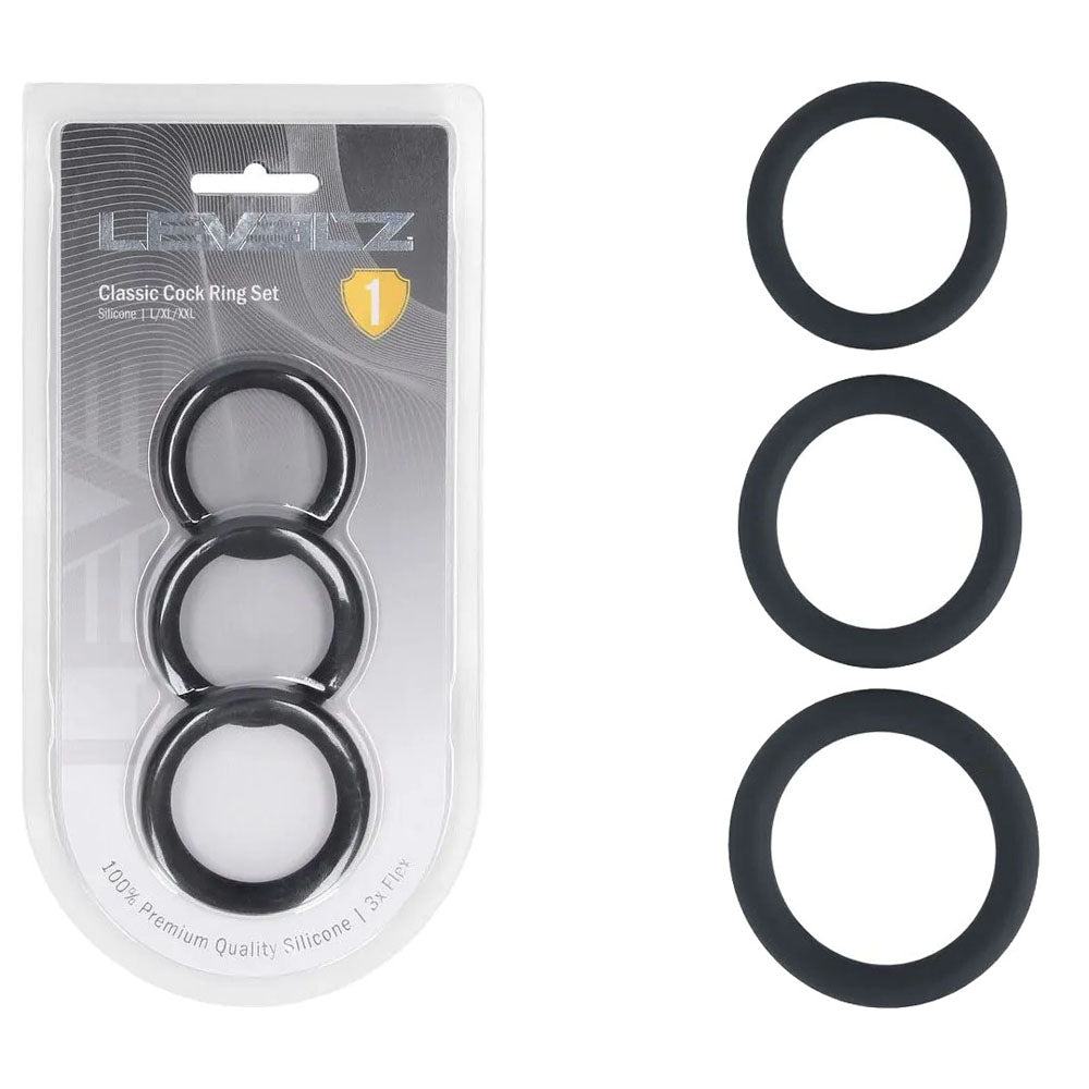 LEVELZ Classic Silicone Black Cock Ring Set - L/XL/XXL - Set of 3 Sizes