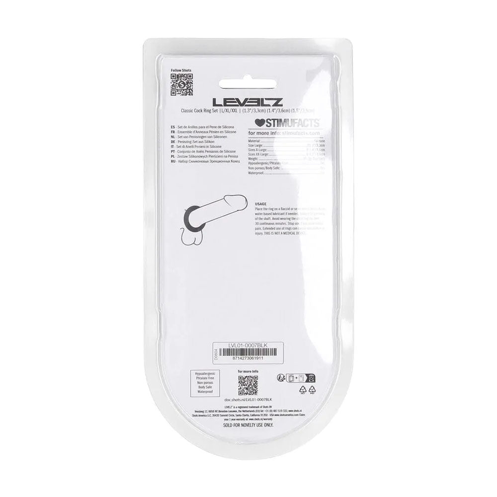 LEVELZ Classic Silicone Black Cock Ring Set - L/XL/XXL - Set of 3 Sizes