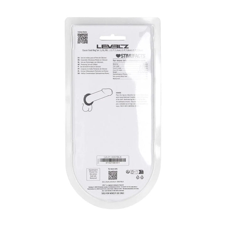 LEVELZ Classic Silicone Black Cock Ring Set - L/XL/XXL - Set of 3 Sizes