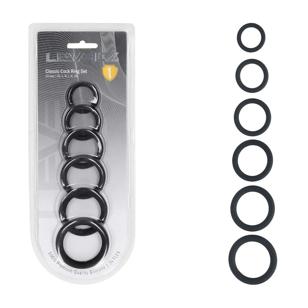 LEVELZ Classic Silicone Black Cock Ring Set - 6 Sizes