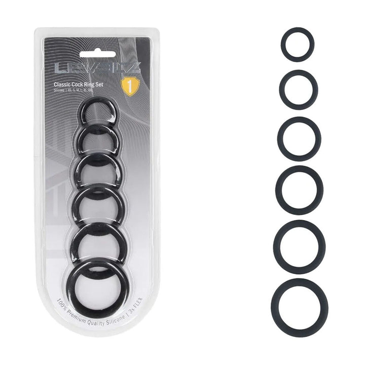 LEVELZ Classic Silicone Black Cock Ring Set - 6 Sizes
