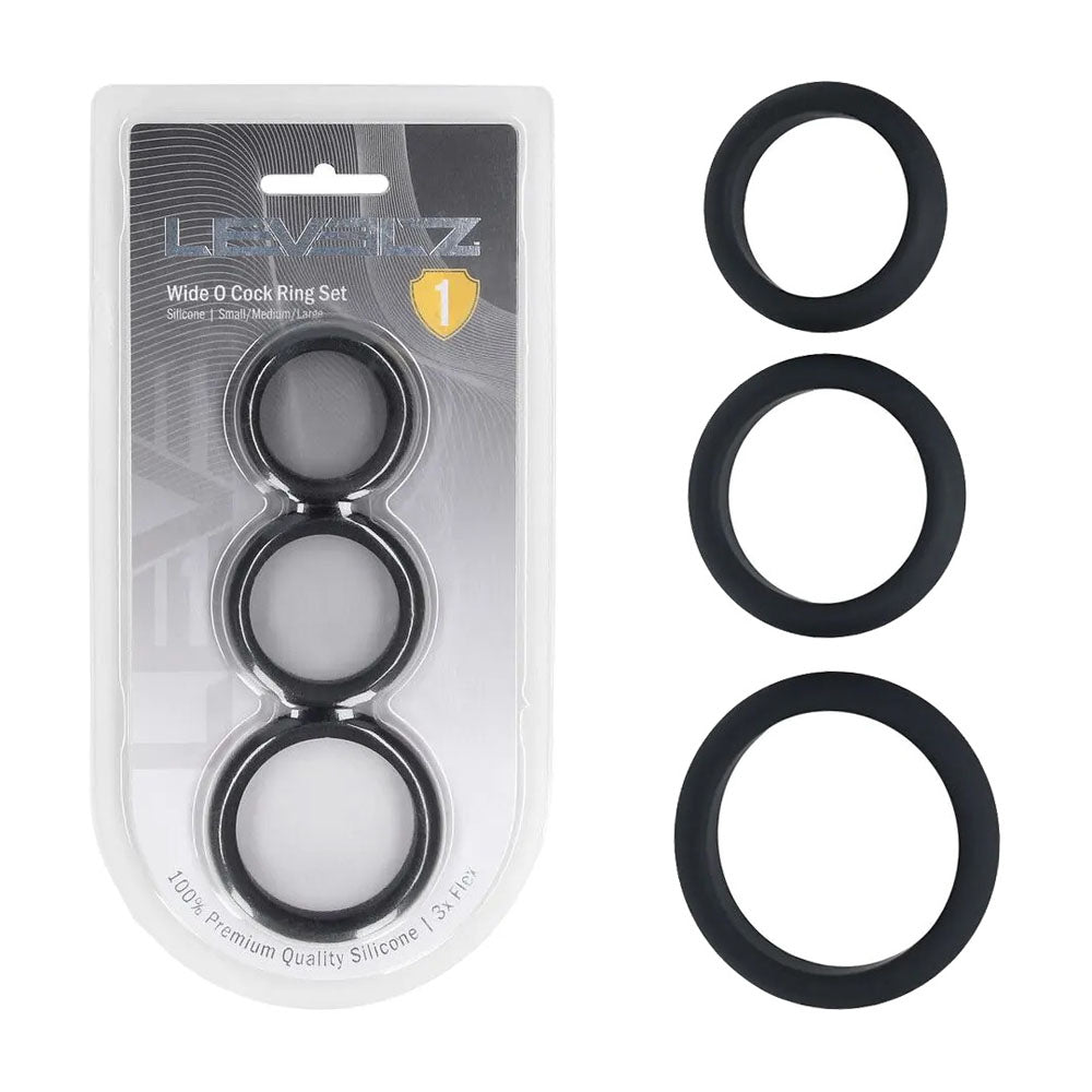 LEVELZ Wide O Silicone Black Cock Ring Set - S/M/L - Set of 3 Sizes
