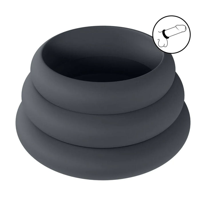 LEVELZ Wide O Silicone Black Cock Ring Set - S/M/L - Set of 3 Sizes