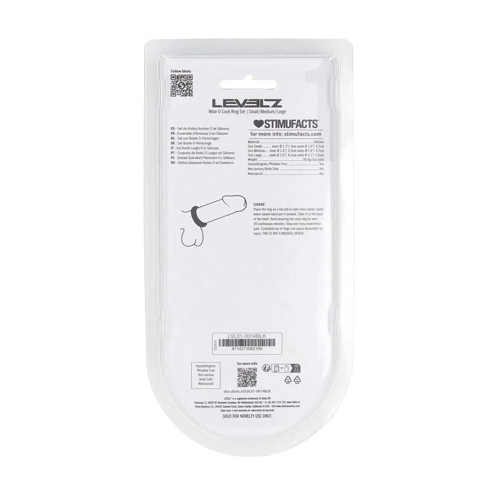 LEVELZ Wide O Silicone Black Cock Ring Set - S/M/L - Set of 3 Sizes