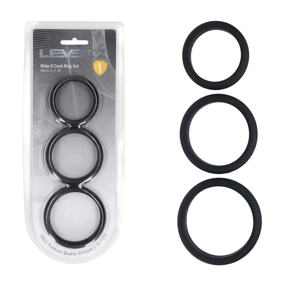 LEVELZ Wide O Silicone Black Cock Ring Set of 3 - L/XL/2X - Set of 3 Sizes