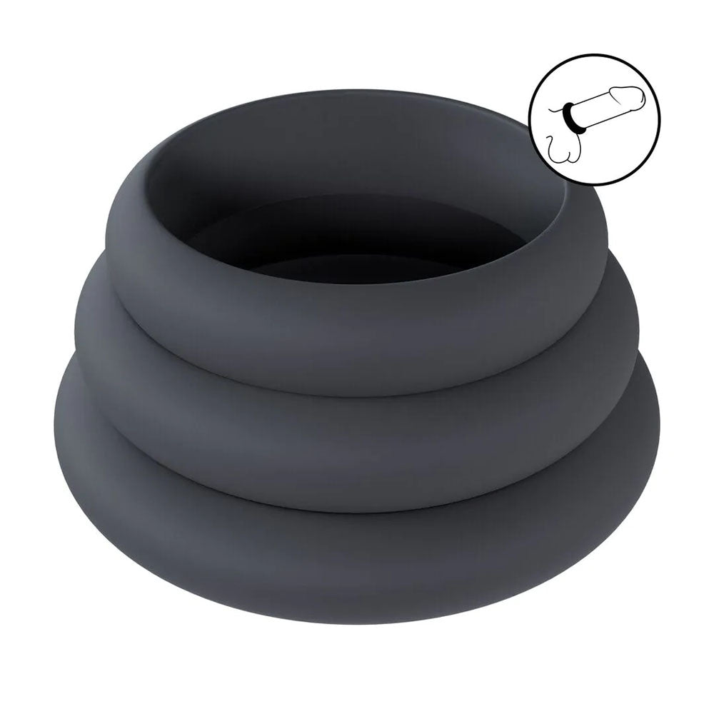 LEVELZ Wide O Silicone Black Cock Ring Set of 3 - L/XL/2X - Set of 3 Sizes