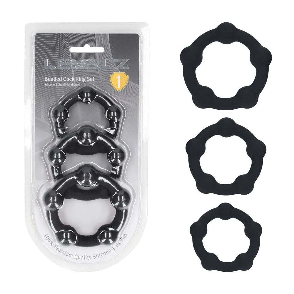 LEVELZ Beaded Silicone Black Cock Ring Set - Set of 3 Sizes