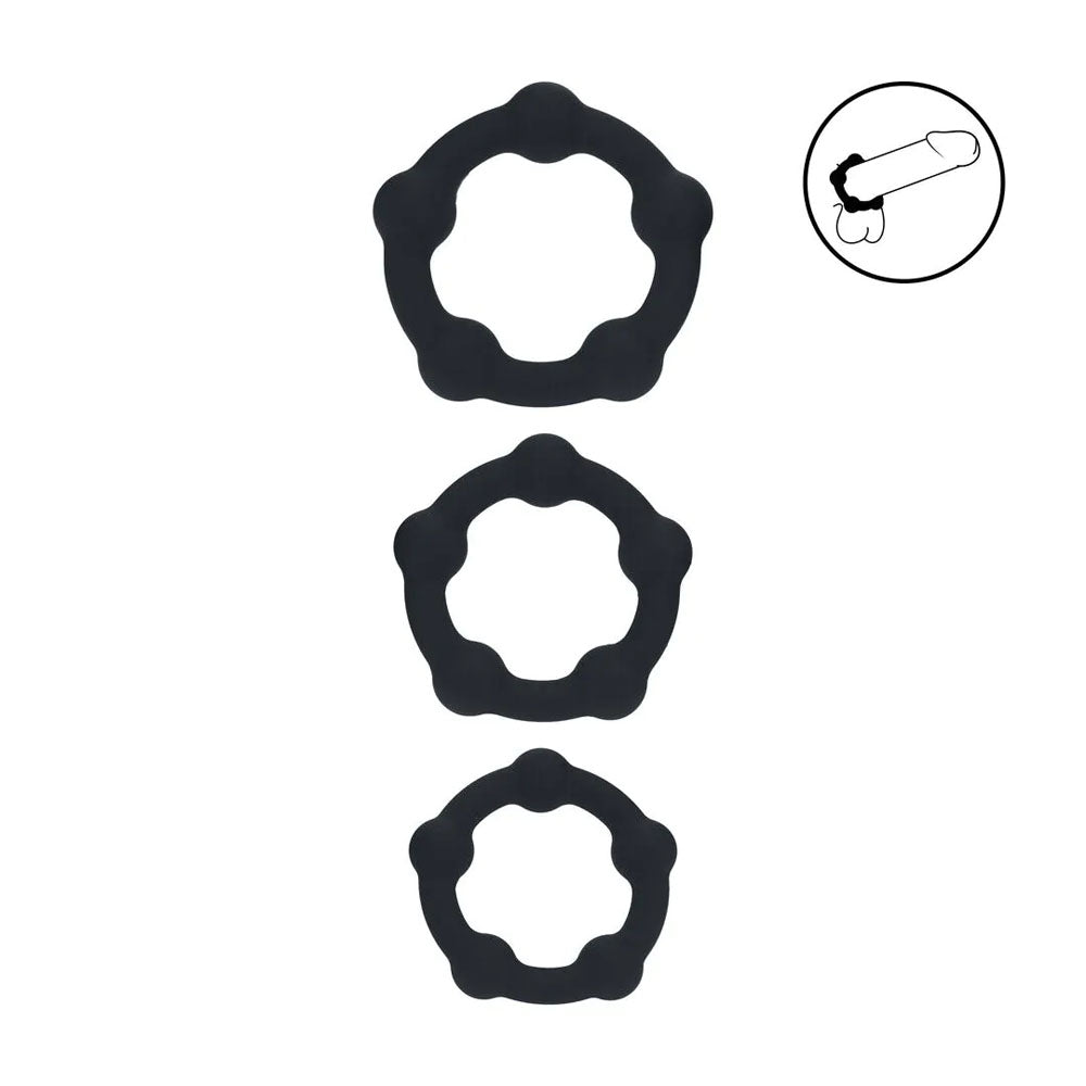 LEVELZ Beaded Silicone Black Cock Ring Set - Set of 3 Sizes