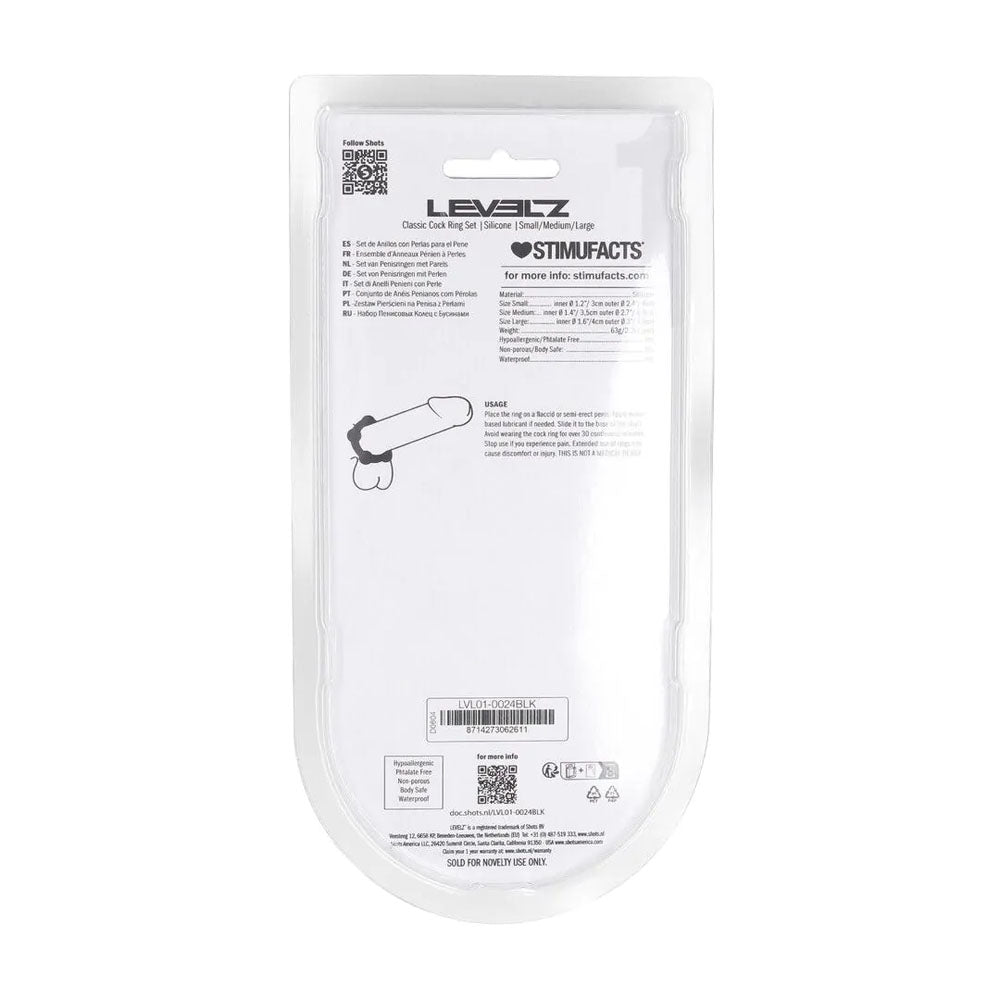 LEVELZ Beaded Silicone Black Cock Ring Set - Set of 3 Sizes