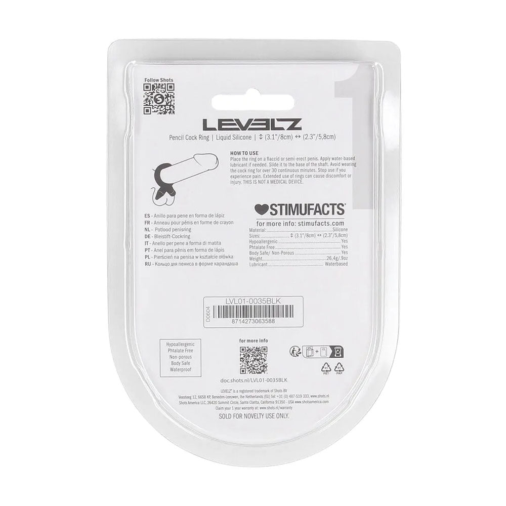 LEVELZ Pencil Liquid Silicone Cock Ring - Black