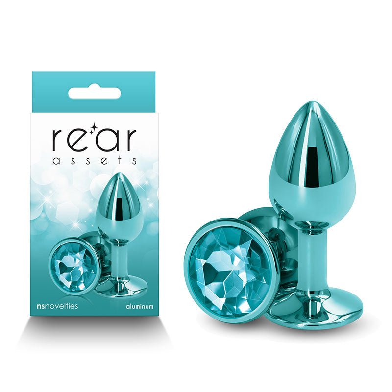 Rear Assets Small Metal Butt Plug with Teal Round Gem