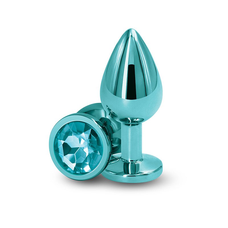 Rear Assets Medium Metal Butt Plug with Teal Round Gem