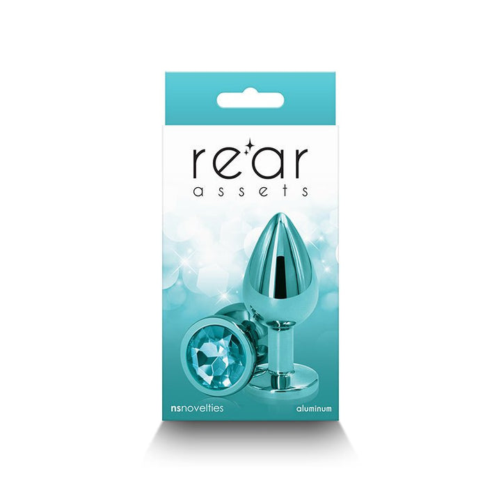 Rear Assets Medium Metal Butt Plug with Teal Round Gem