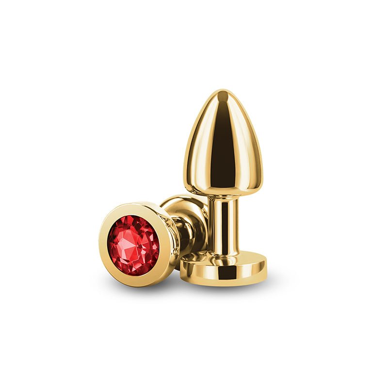 Rear Assets Petite Gold Butt Plug with Round Red Gem